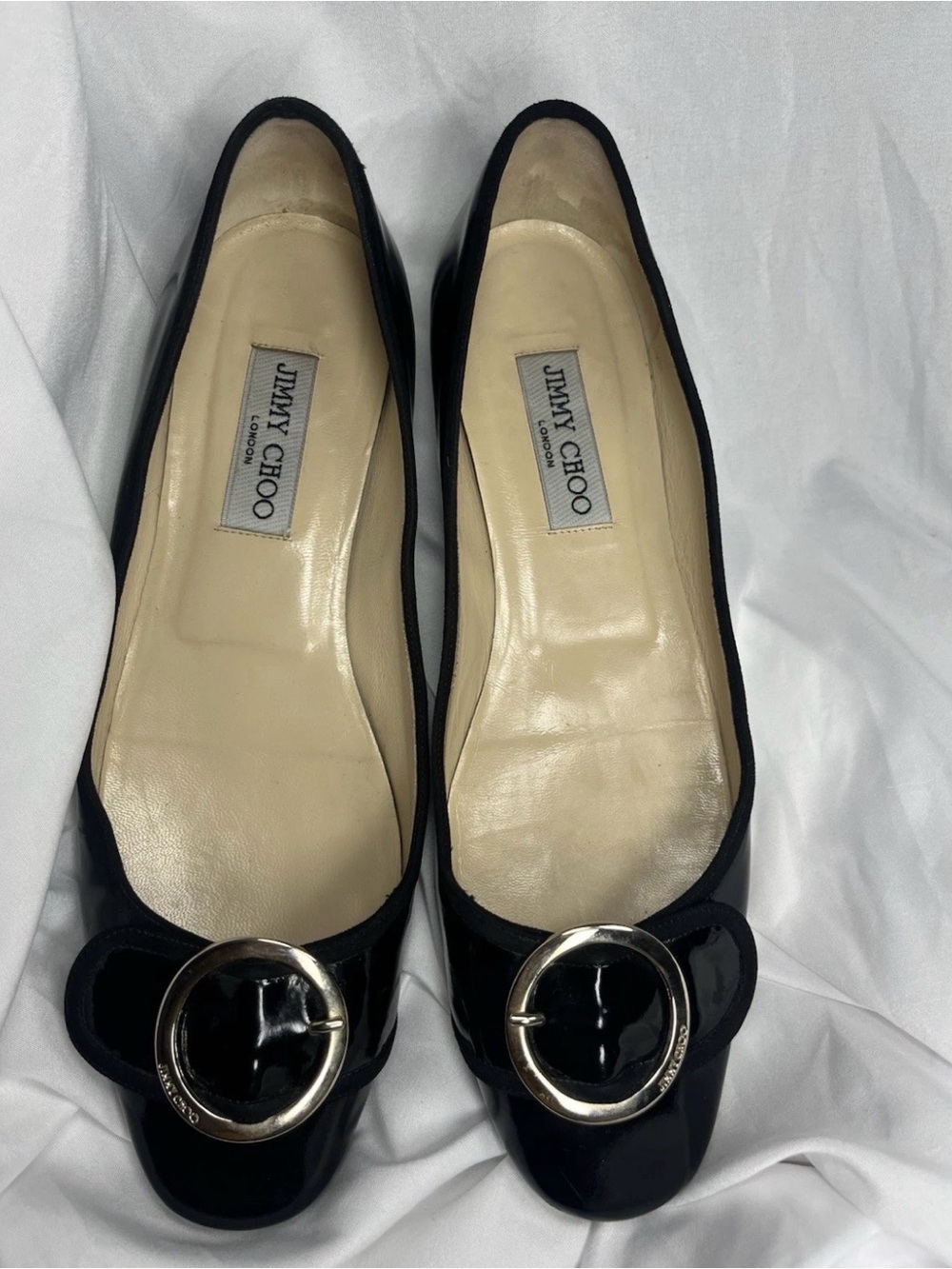 Jimmy Choo Black Patent Leather Flats with Silver Round Buckle